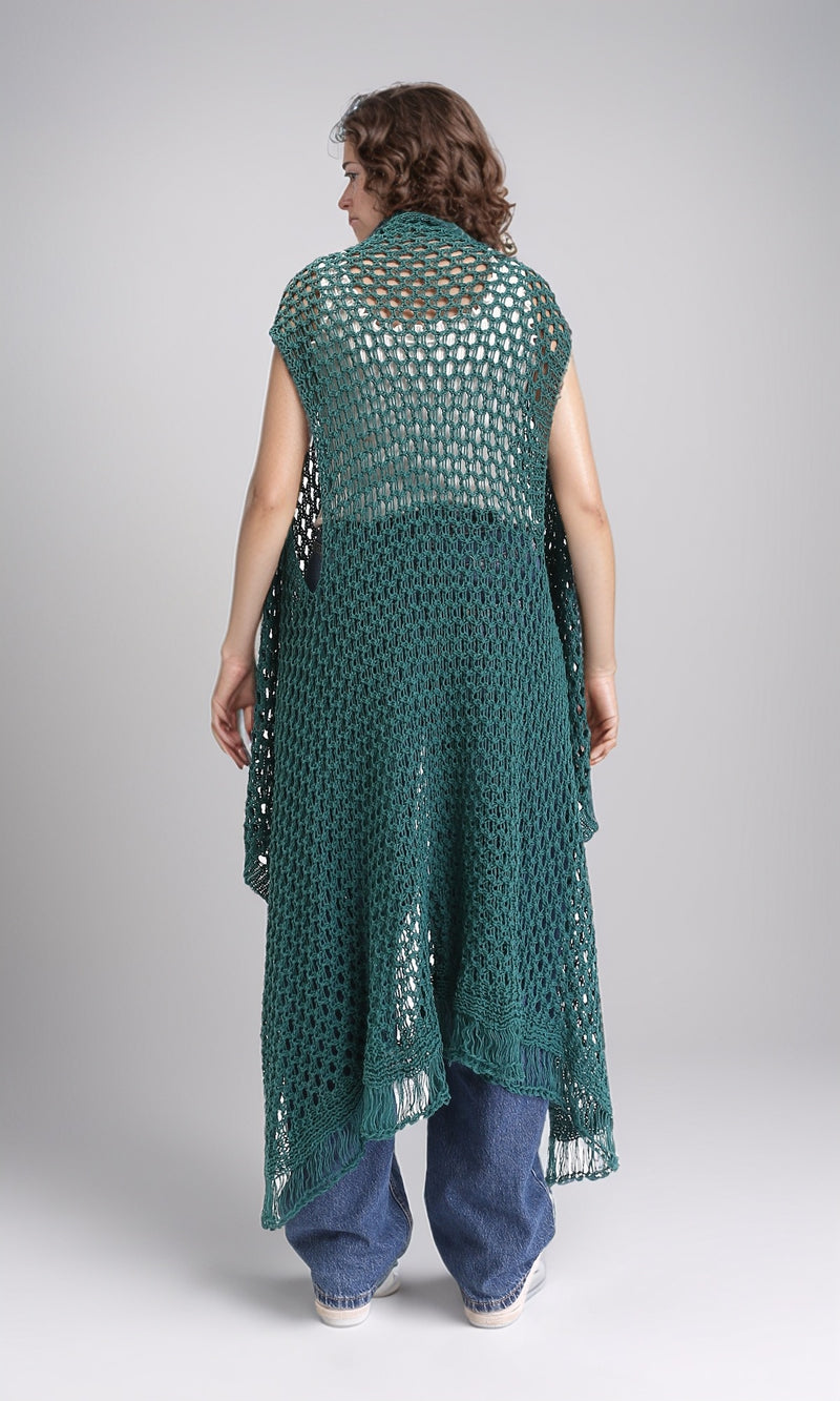 R213244 - Perforated Knit Asymmetric Cardigan - Dark Green