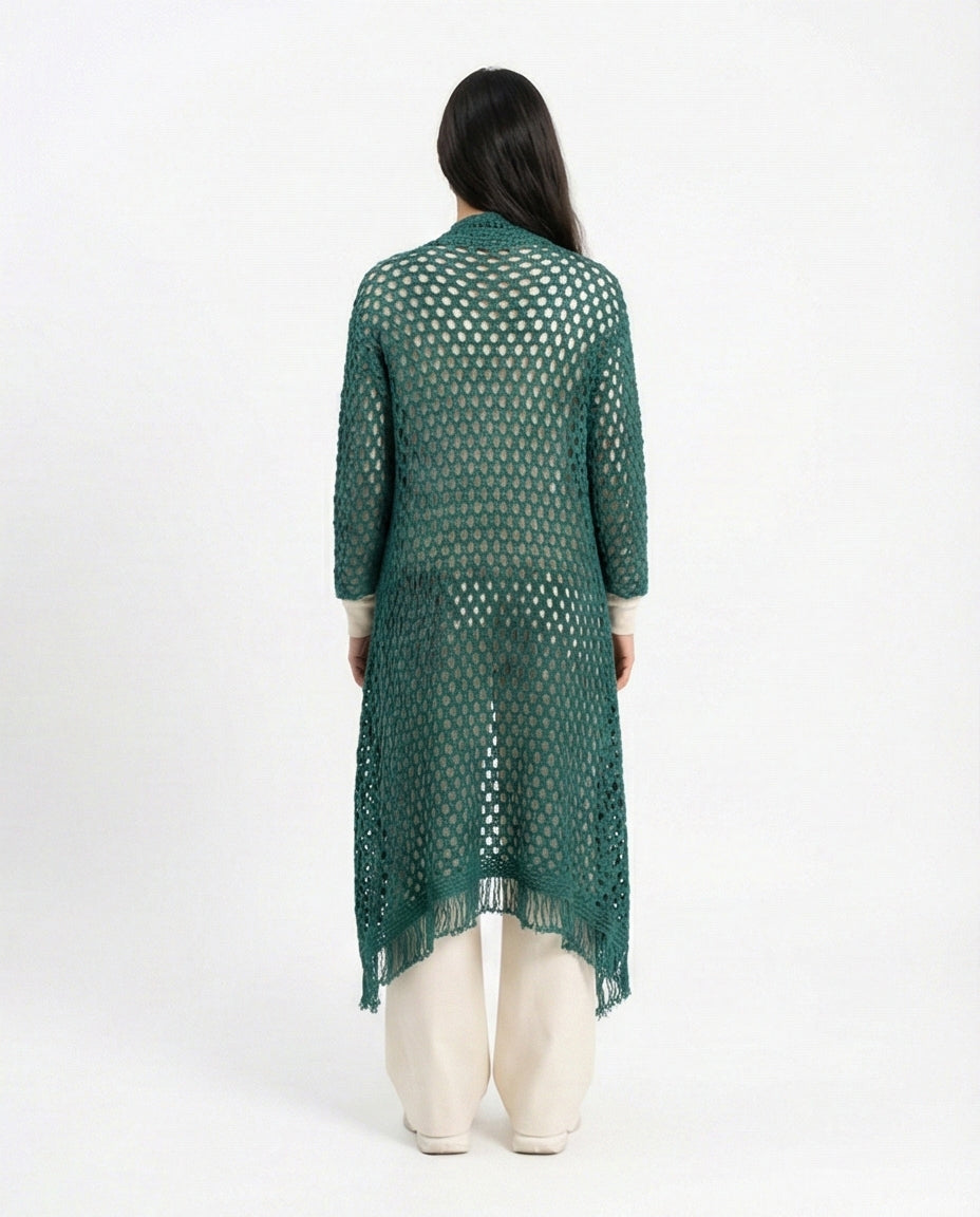 R213244 - Perforated Knit Asymmetric Cardigan - Dark Green
