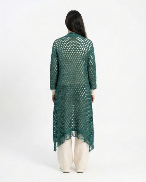 R213244 - Perforated Knit Asymmetric Cardigan - Dark Green