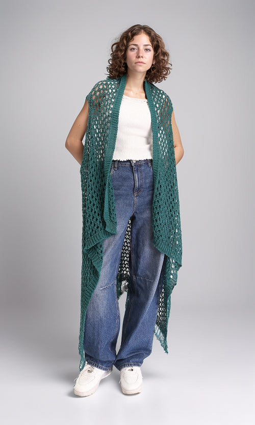 R213244 - Perforated Knit Asymmetric Cardigan - Dark Green