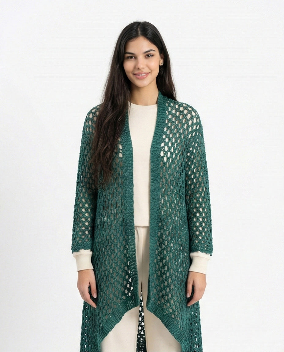 R213244 - Perforated Knit Asymmetric Cardigan - Dark Green