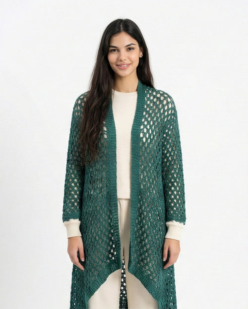 R213244 - Perforated Knit Asymmetric Cardigan - Dark Green