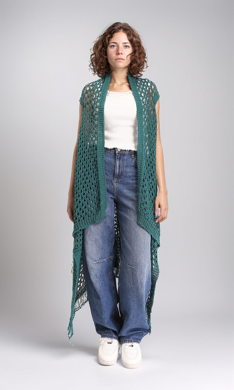 R213244 - Perforated Knit Asymmetric Cardigan - Dark Green