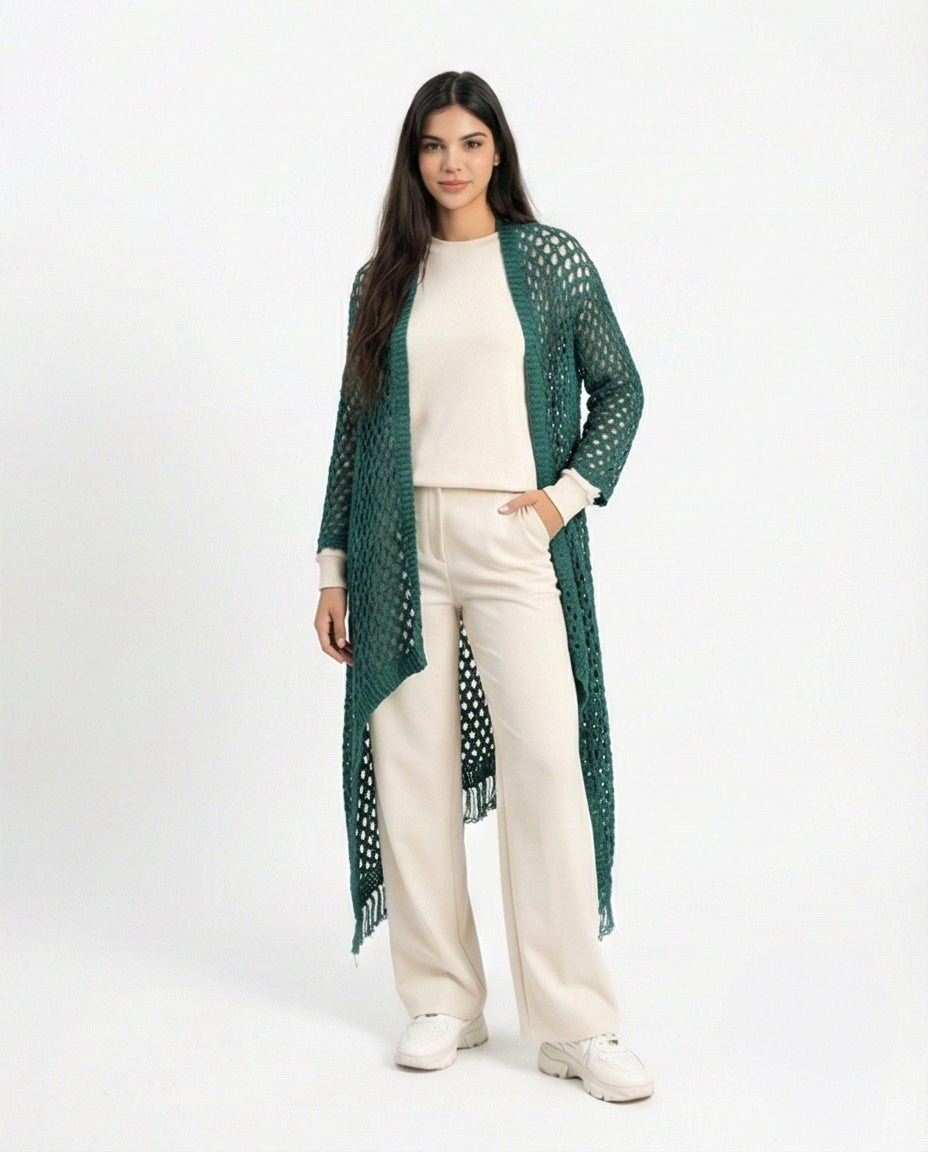 R213244 - Perforated Knit Asymmetric Cardigan - Dark Green