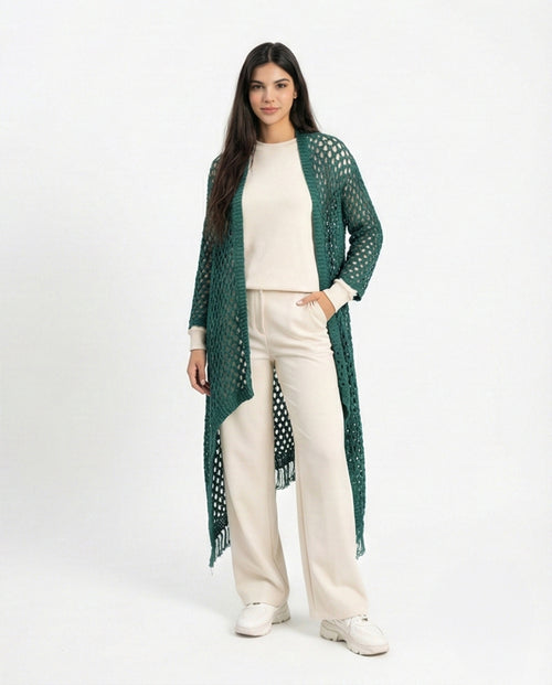 R213244 - Perforated Knit Asymmetric Cardigan - Dark Green