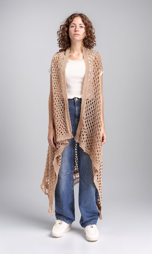 R213245 - Perforated Knit Asymmetric Cardigan - Camel