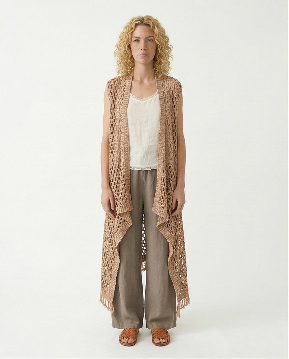 Perforated Knit Asymmetric Cardigan - Camel