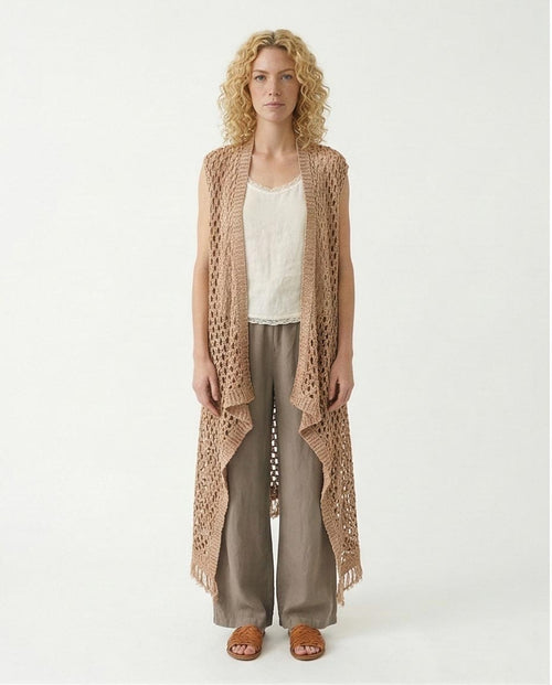 Perforated Knit Asymmetric Cardigan - Camel