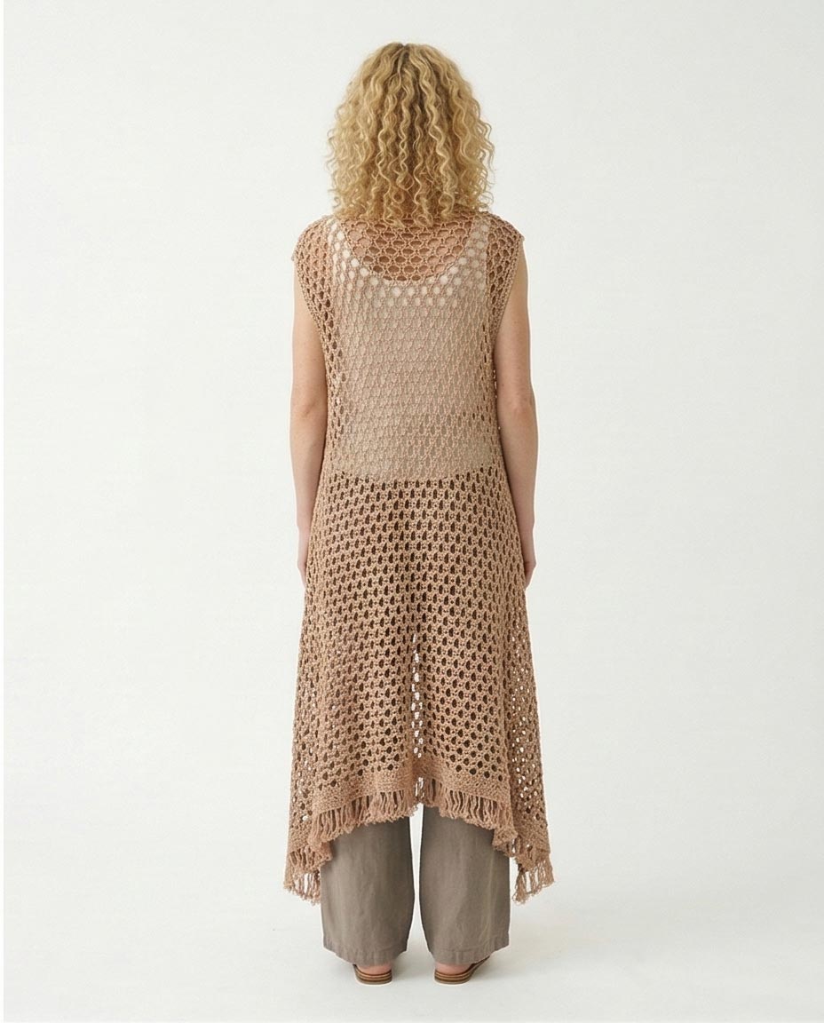 R213245 - Perforated Knit Asymmetric Cardigan - Camel