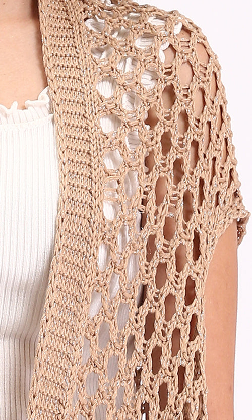 R213245 - Perforated Knit Asymmetric Cardigan - Camel