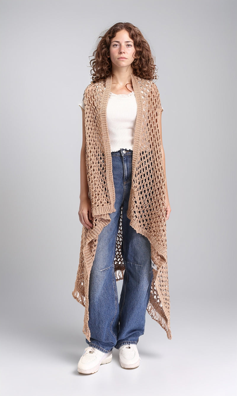 R213245 - Perforated Knit Asymmetric Cardigan - Camel