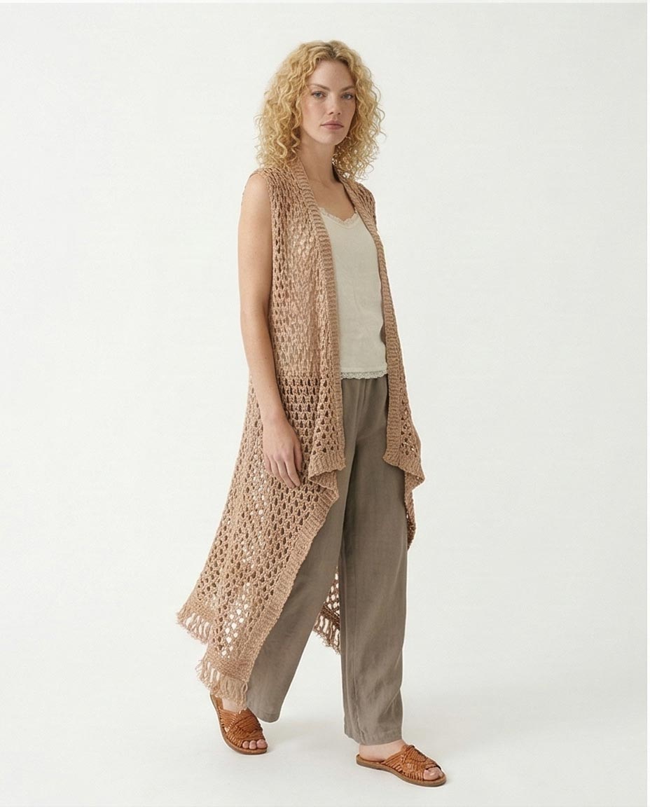 R213245 - Perforated Knit Asymmetric Cardigan - Camel