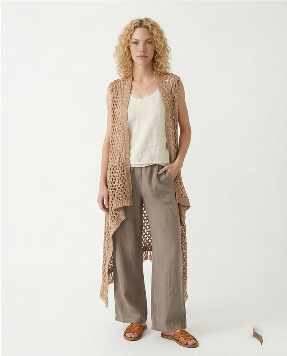R213245 - Perforated Knit Asymmetric Cardigan - Camel