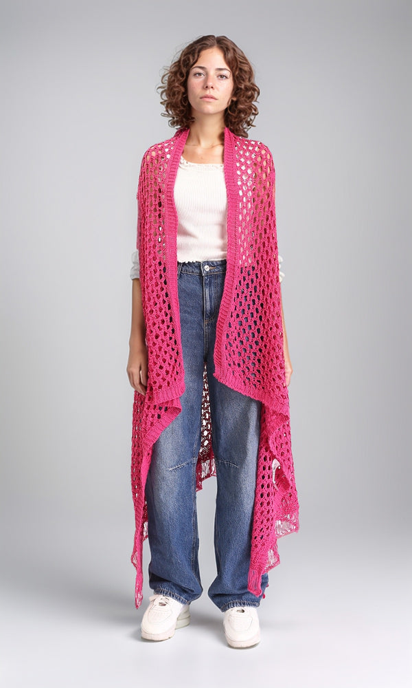 R213246 - Perforated Knit Asymmetric Cardigan - Fuchsia