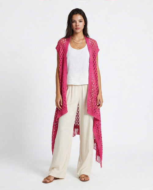 Perforated Knit Asymmetric Cardigan - Fuchsia