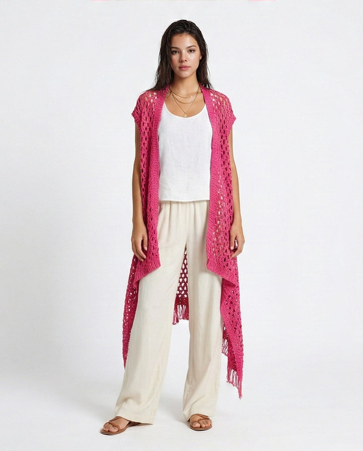 Perforated Knit Asymmetric Cardigan - Fuchsia