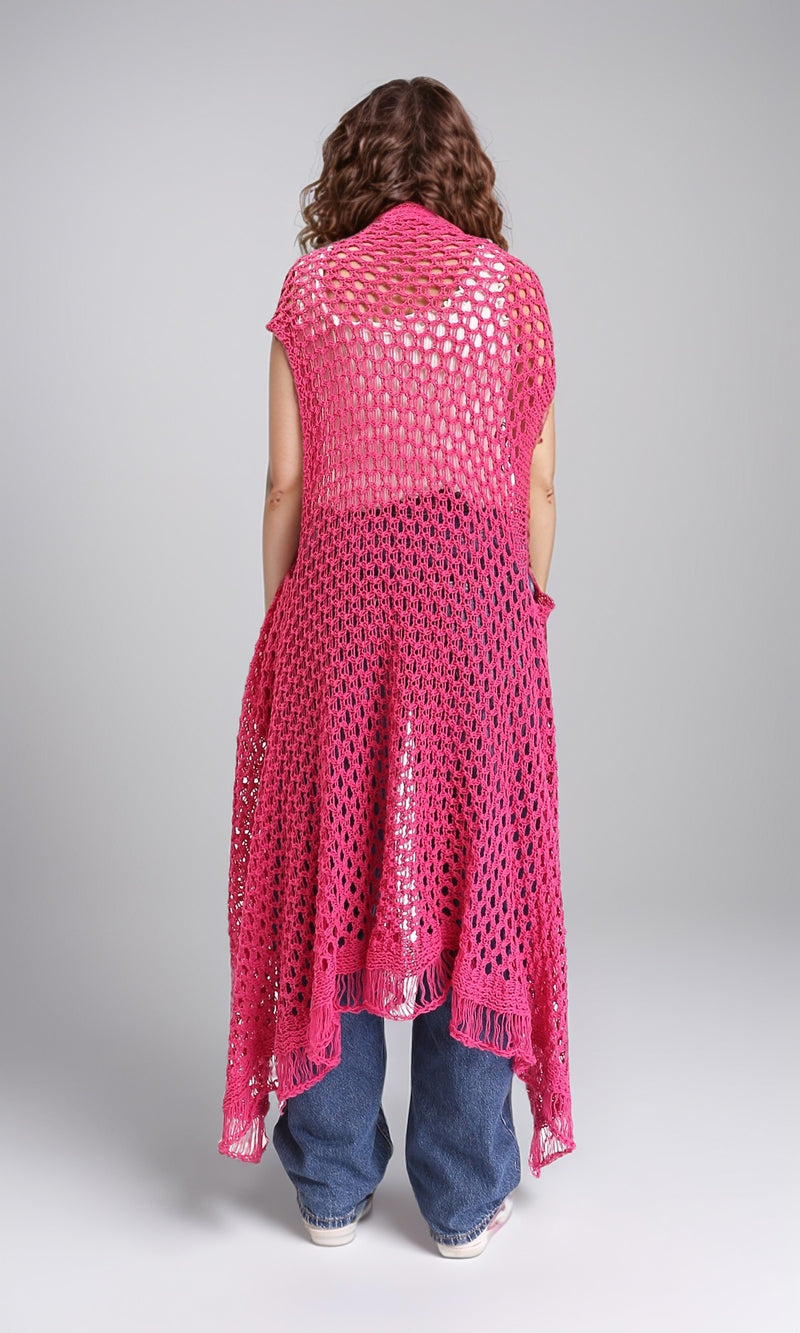 R213246 - Perforated Knit Asymmetric Cardigan - Fuchsia