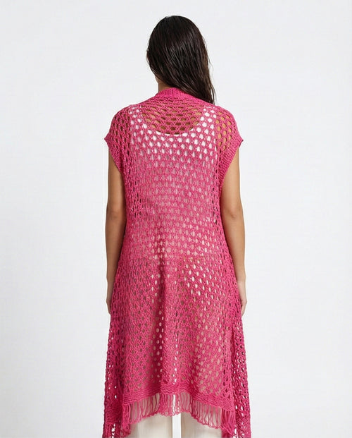 R213246 - Perforated Knit Asymmetric Cardigan - Fuchsia