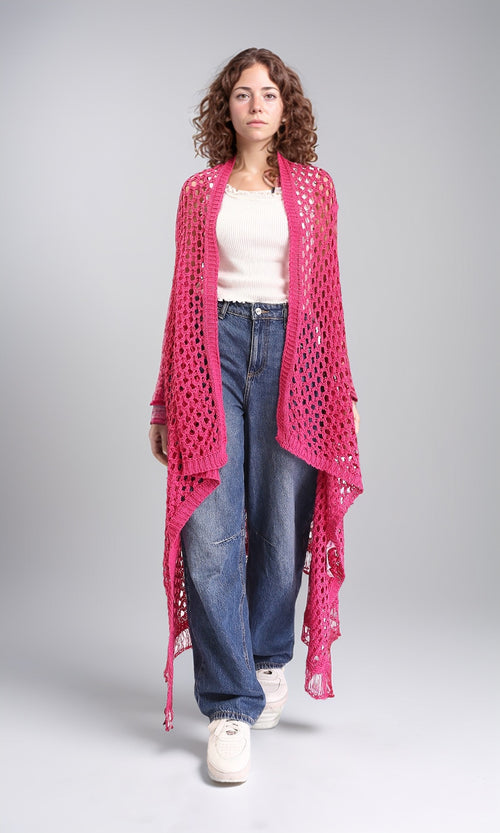 R213246 - Perforated Knit Asymmetric Cardigan - Fuchsia