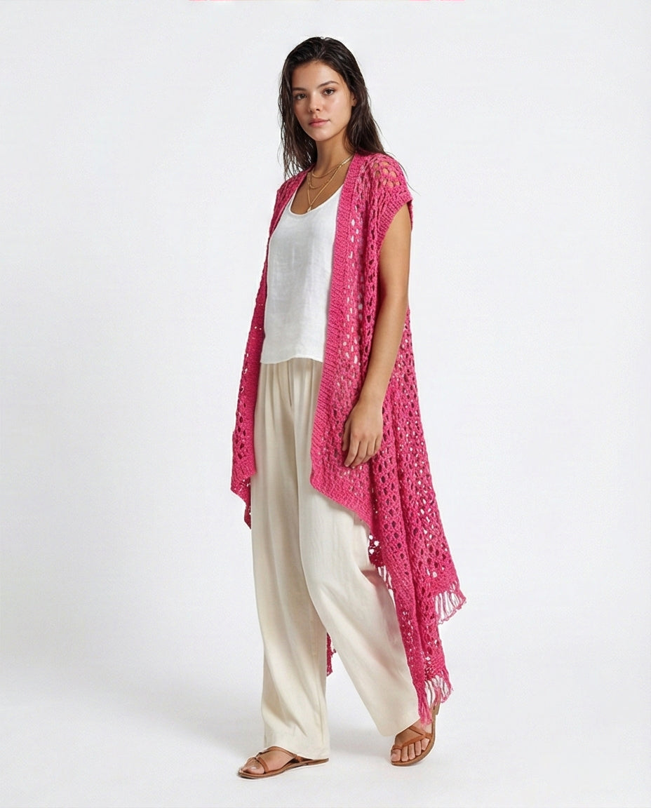 R213246 - Perforated Knit Asymmetric Cardigan - Fuchsia