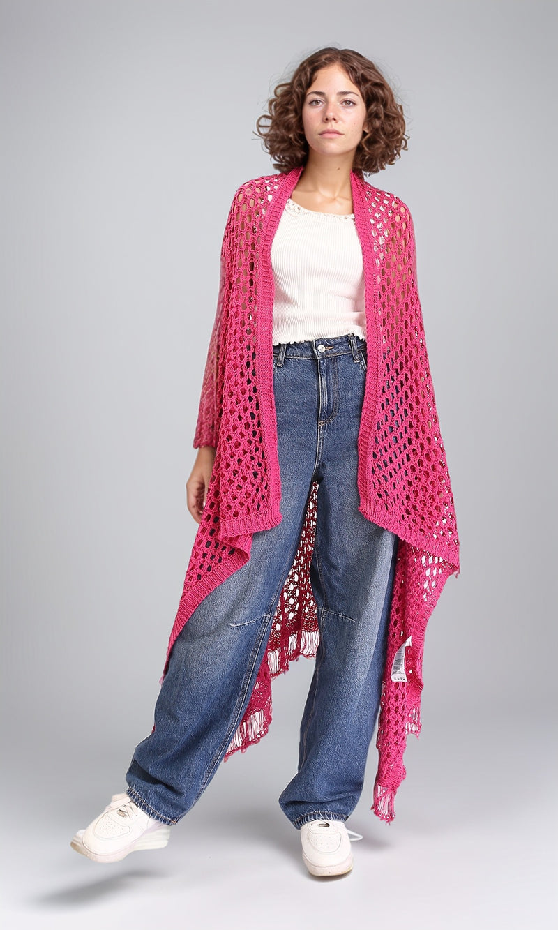 R213246 - Perforated Knit Asymmetric Cardigan - Fuchsia