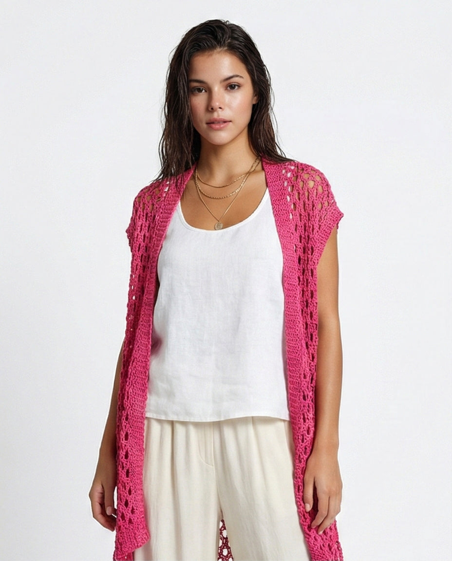 R213246 - Perforated Knit Asymmetric Cardigan - Fuchsia