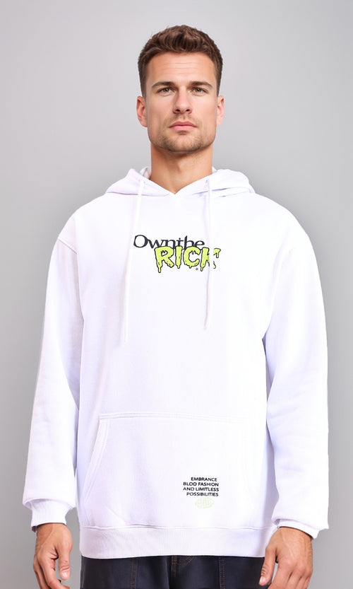 R213294 - Drawstring Hooded Neck Printed Hoodie - White