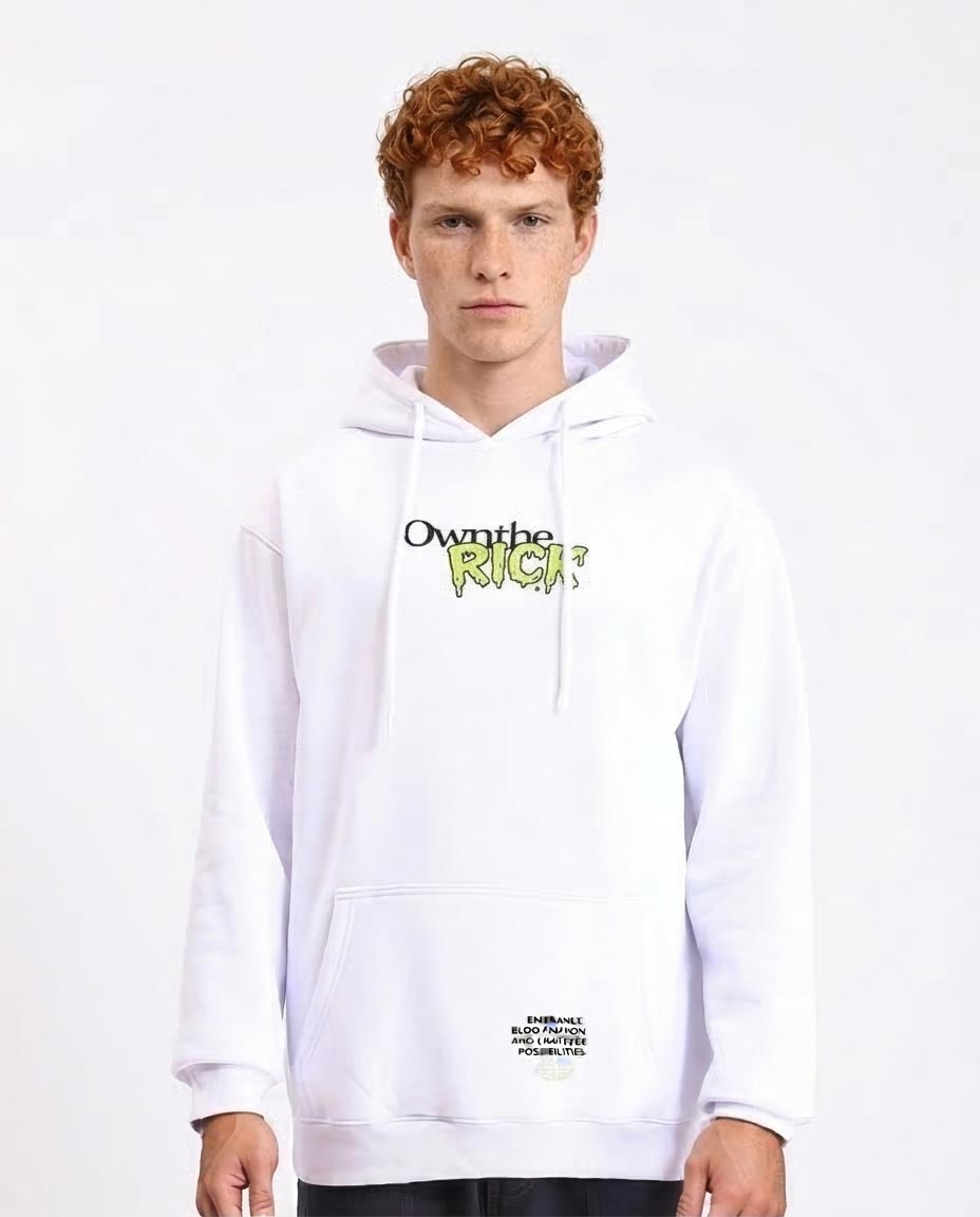 Person wearing a white hoodie with text on a white background