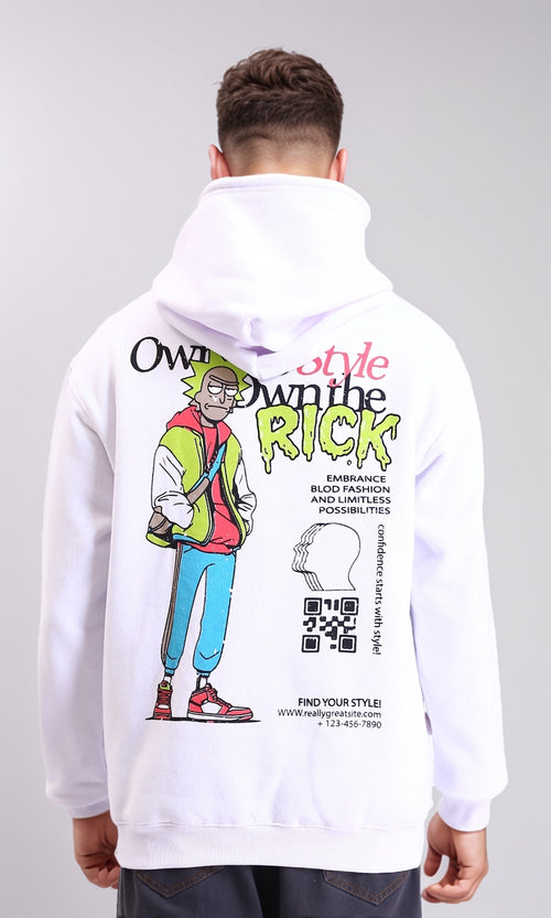 R213294 - Drawstring Hooded Neck Printed Hoodie - White