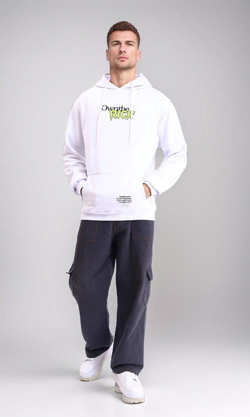 R213294 - Drawstring Hooded Neck Printed Hoodie - White