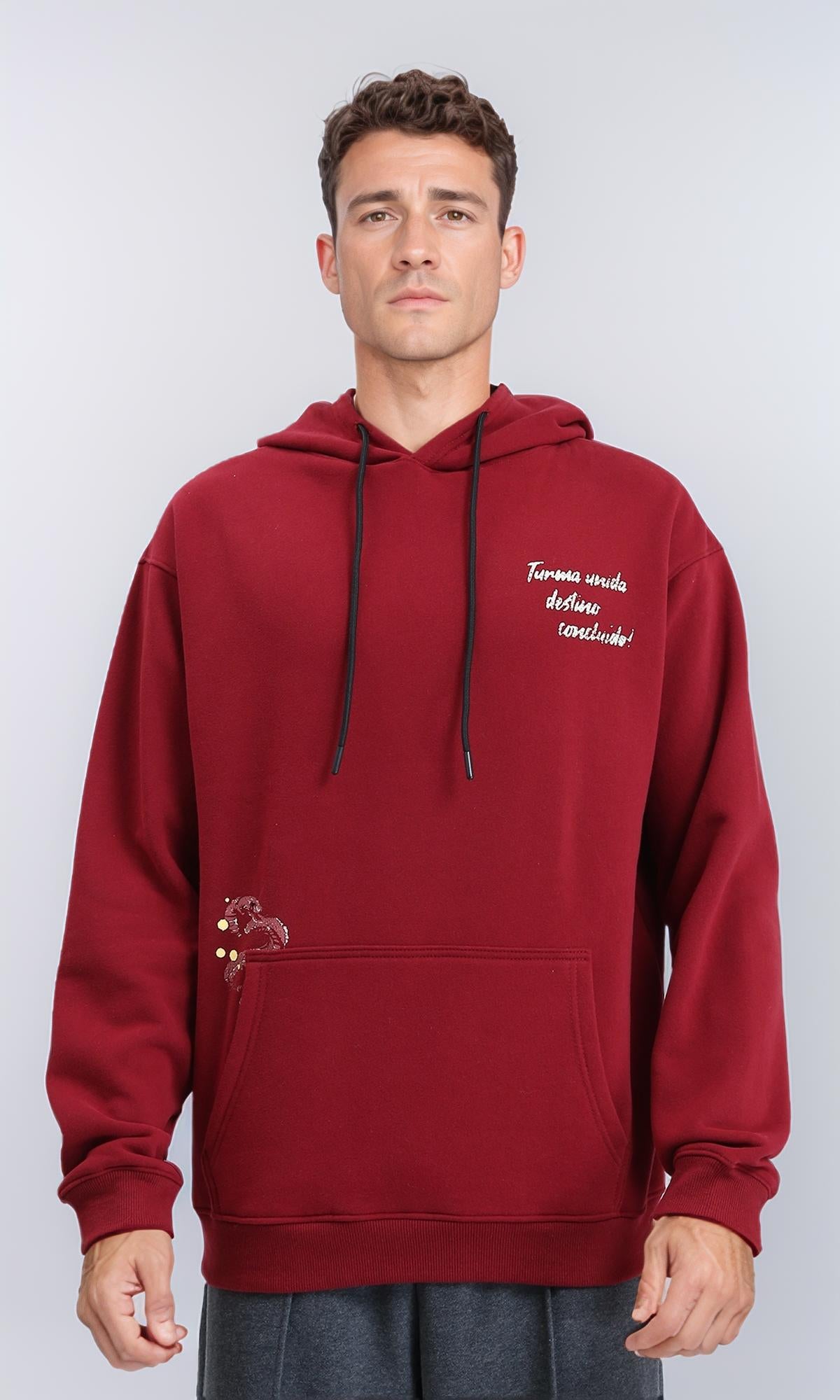 Printed Slip On Comfy Hoodie - Dark Red