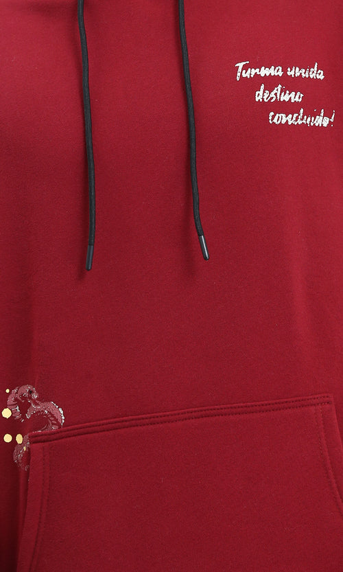 R213297 - Printed Slip On Comfy Hoodie - Dark Red