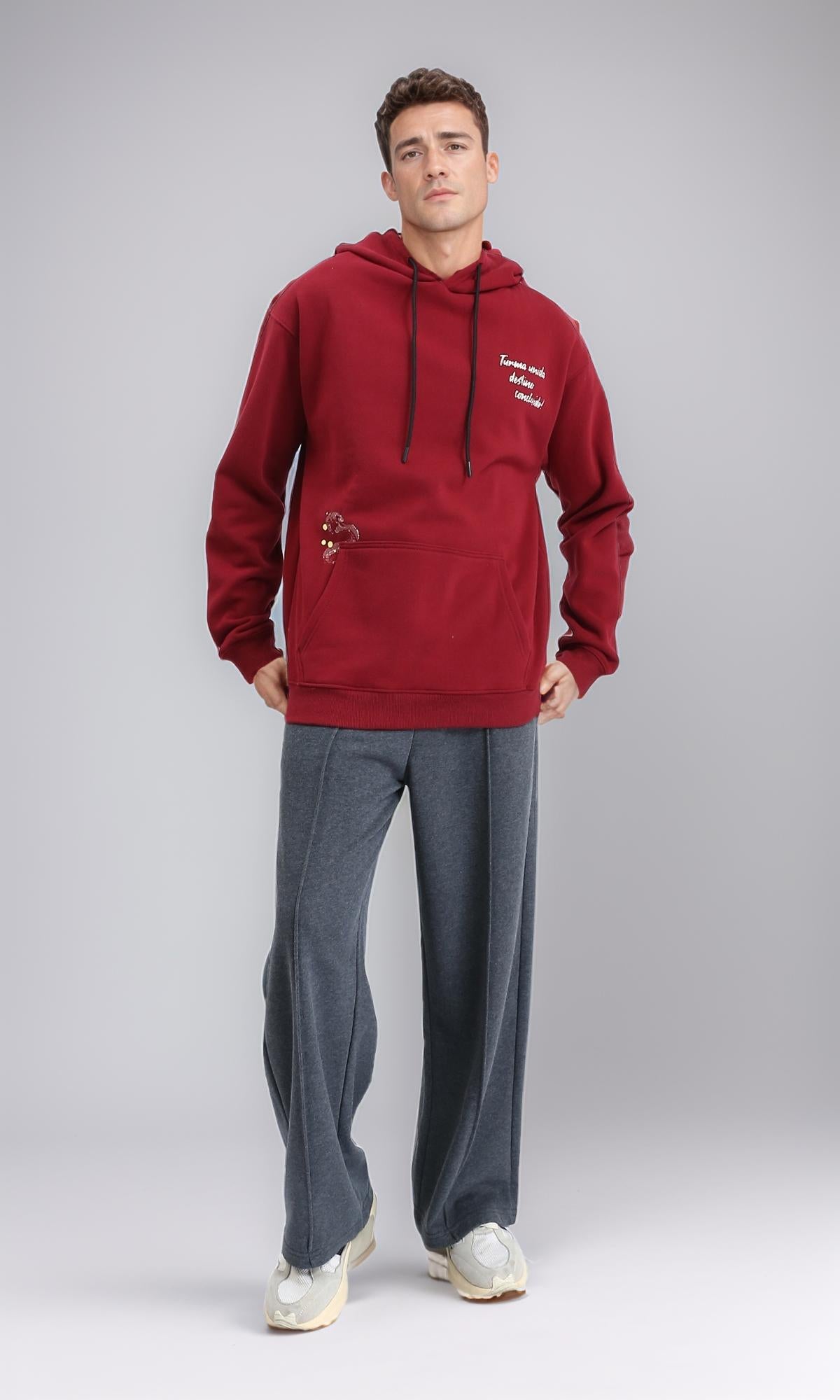 R213297 - Printed Slip On Comfy Hoodie - Dark Red