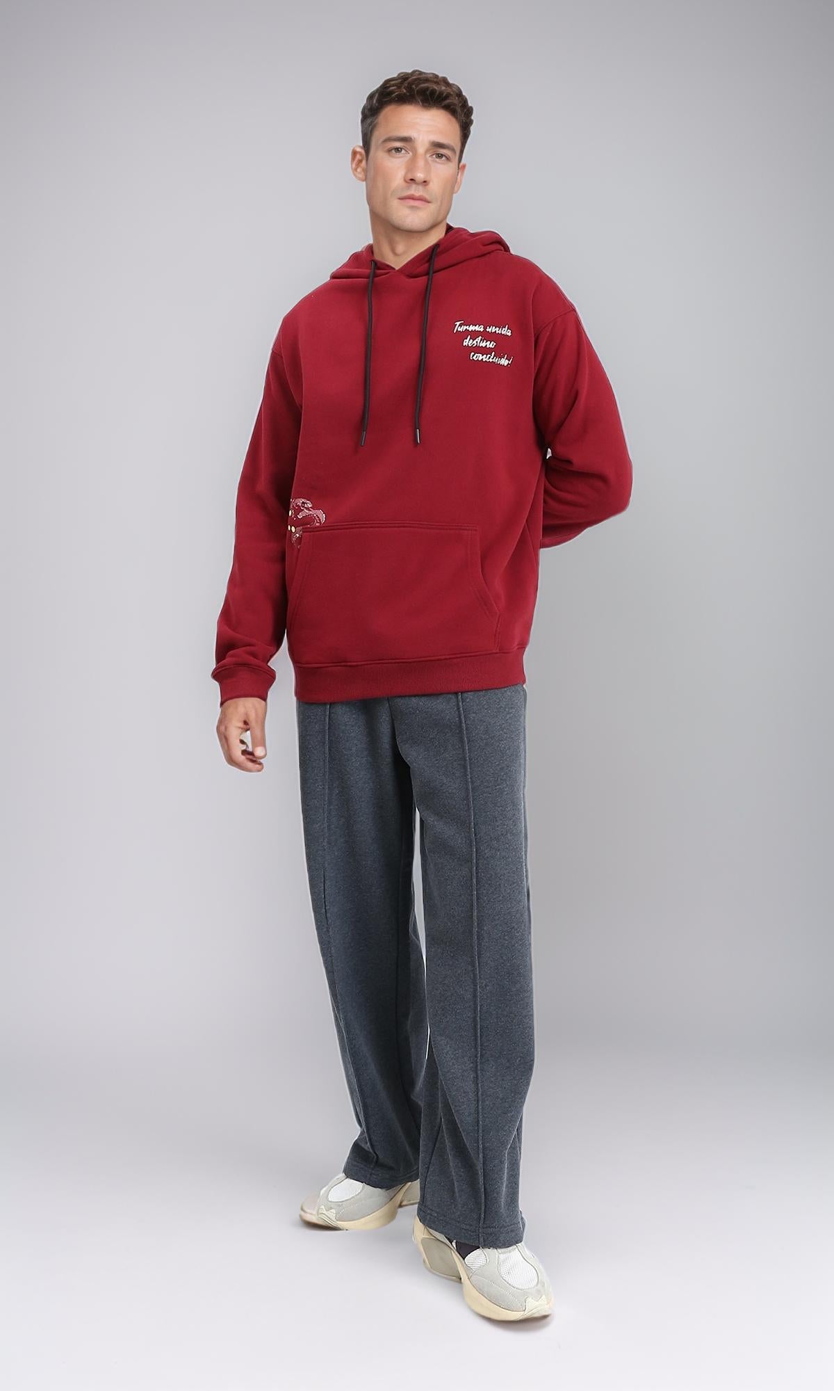 R213297 - Printed Slip On Comfy Hoodie - Dark Red