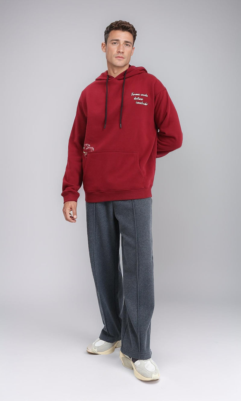 R213297 - Printed Slip On Comfy Hoodie - Dark Red