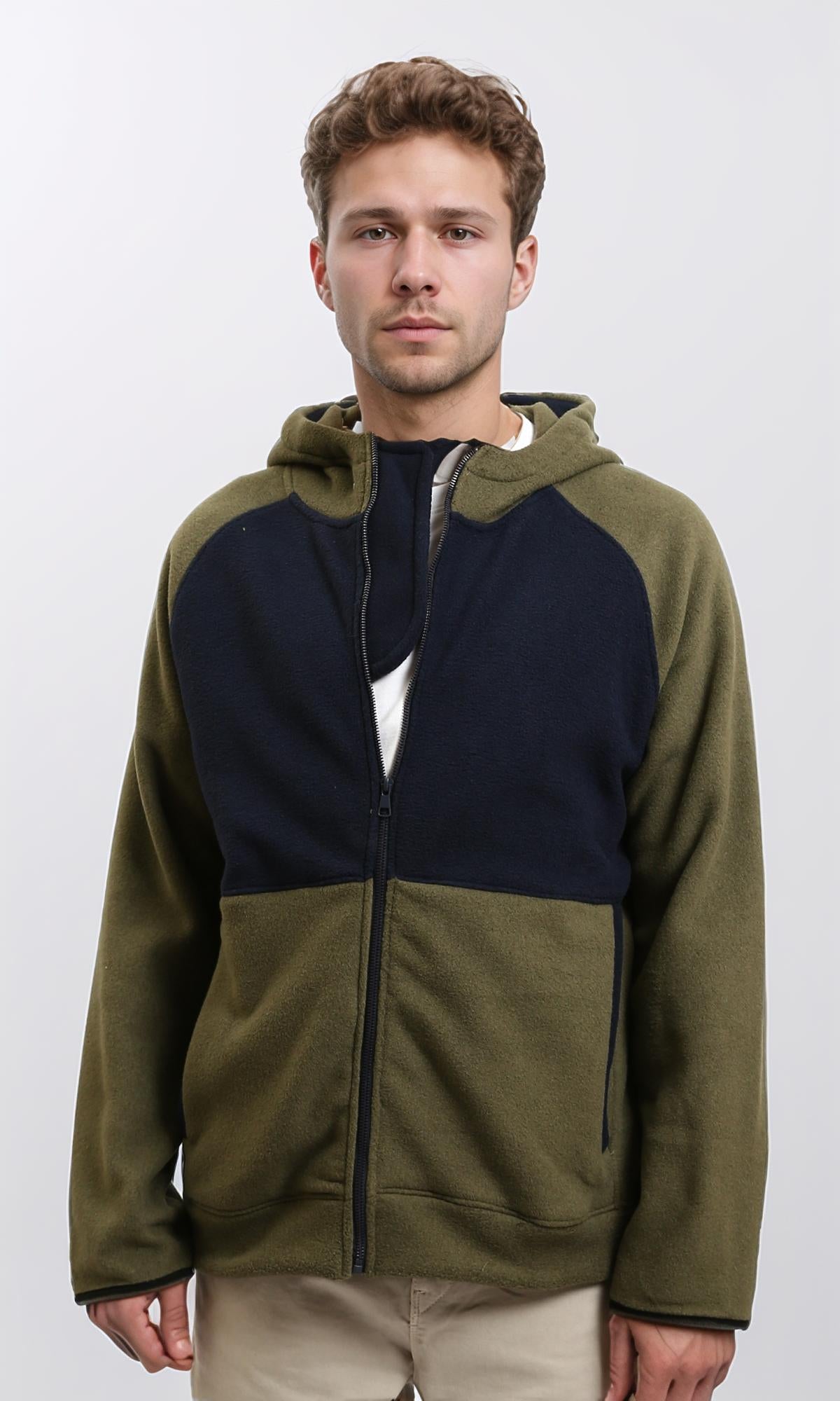 R213298 - Bi-Tone Zipped Hoodie with Pockets - Olive & Navy Blue