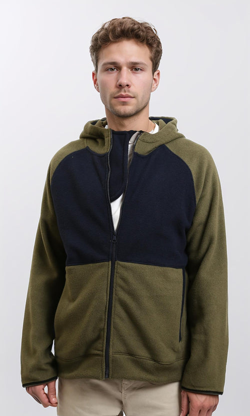 R213298 - Bi-Tone Zipped Hoodie with Pockets - Olive & Navy Blue
