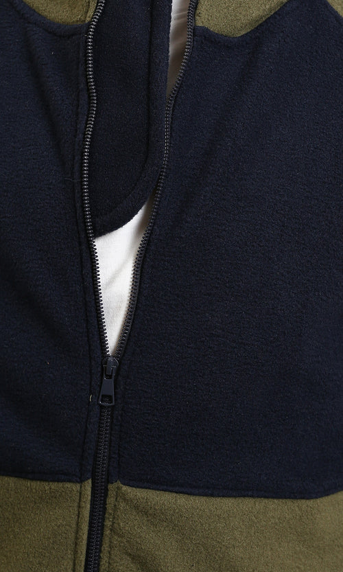 R213298 - Bi-Tone Zipped Hoodie with Pockets - Olive & Navy Blue
