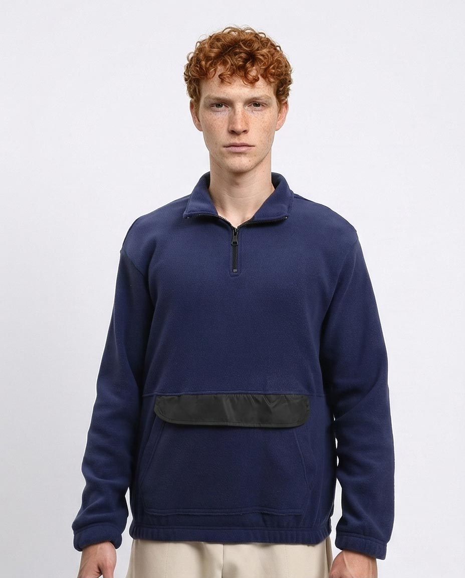 Fleece Quarter-Zip Sweatshirt with Front Pocket - Navy Blue
