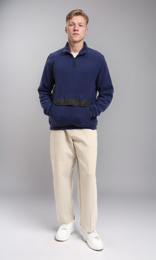 R213300 - Fleece Quarter-Zip Sweatshirt with Front Pocket - Navy Blue