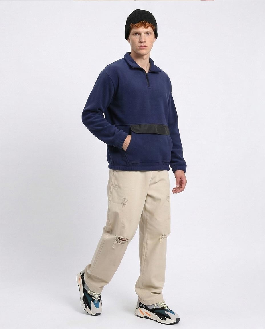 Fleece Quarter-Zip Sweatshirt with Front Pocket - Navy Blue - R213300