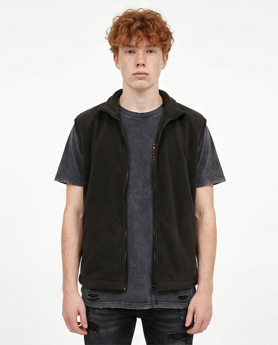 Sleeveless Solid Vest with Pockets - Black