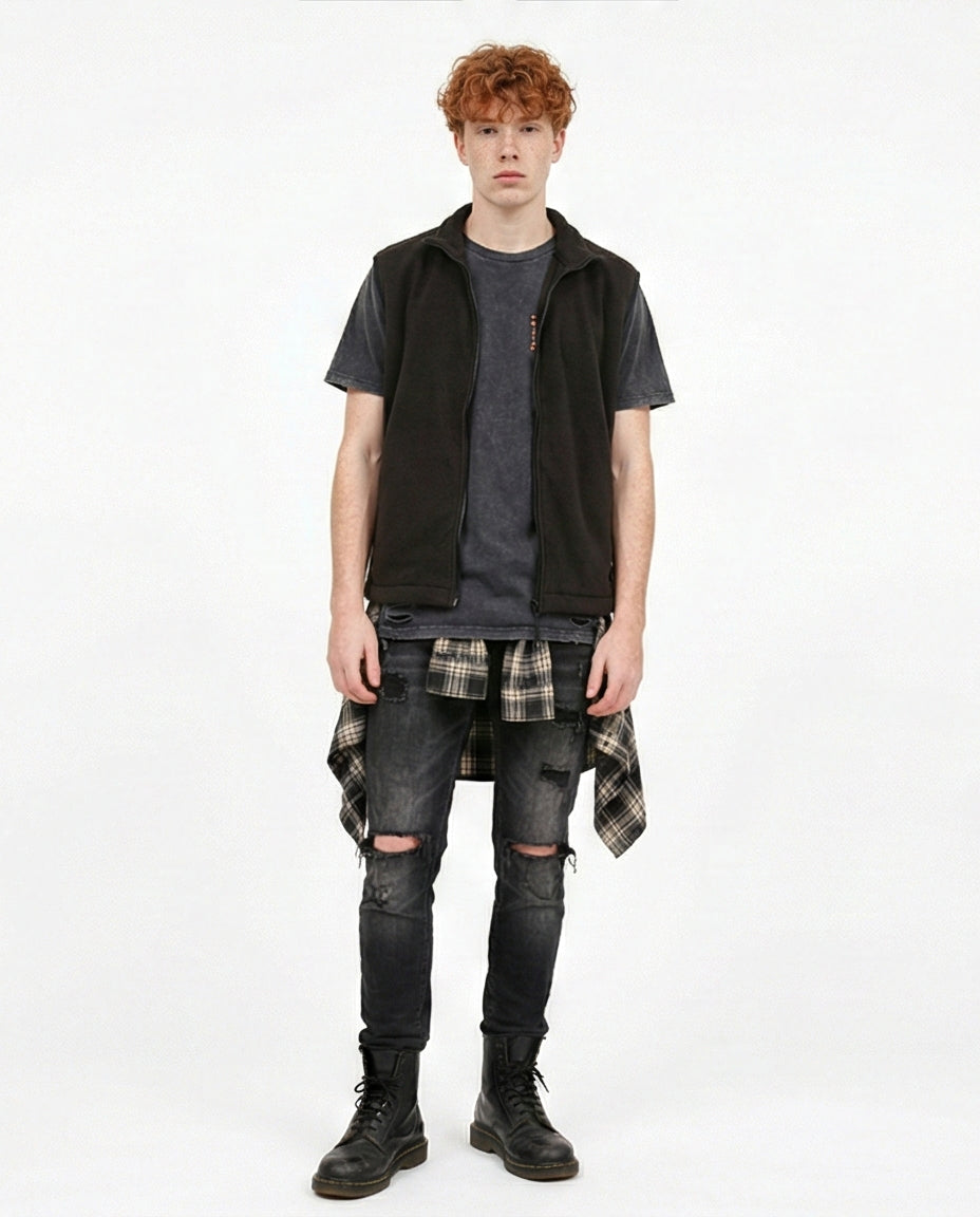 R213303 - Sleeveless Solid Vest with Pockets - Black