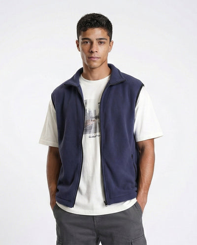 Sleeveless Solid Vest with Pockets - Navy Blue