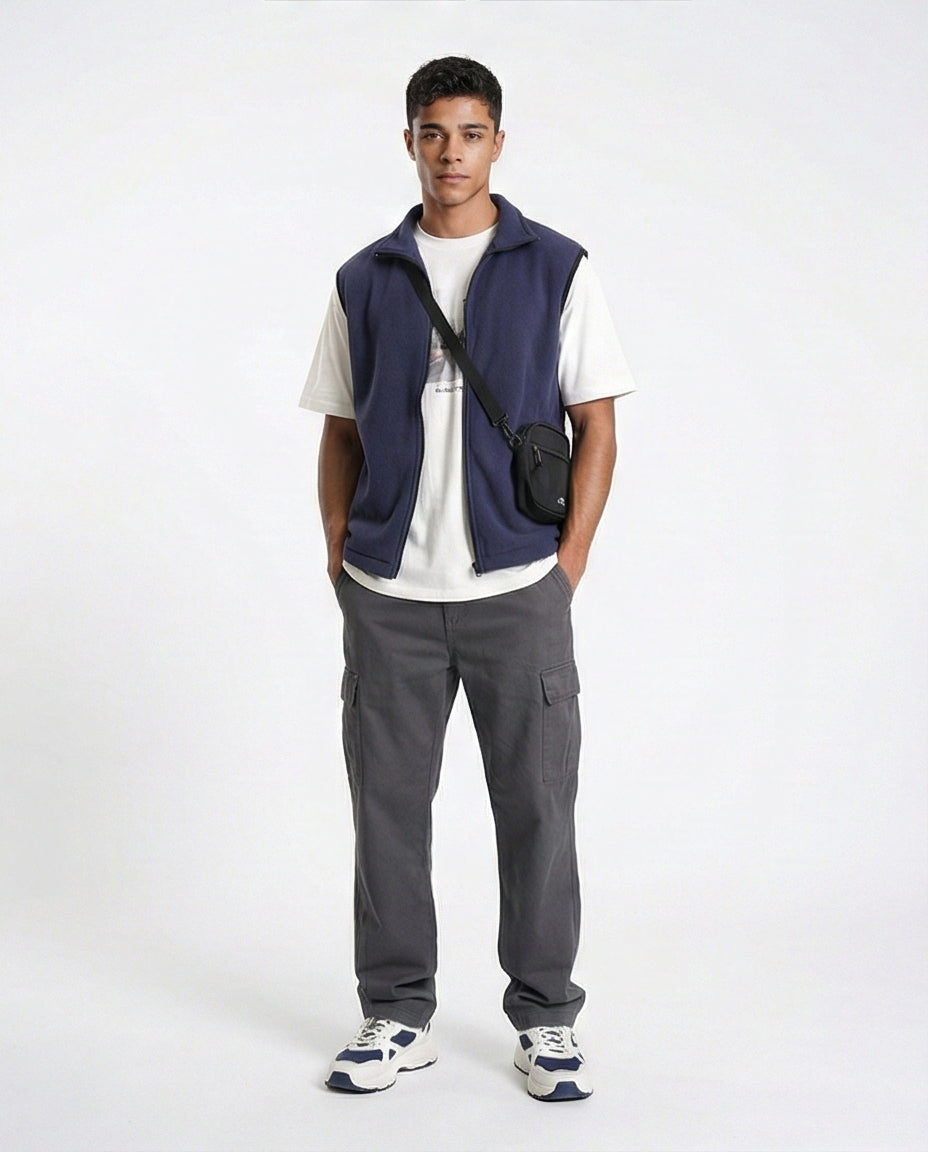 R213304 - Sleeveless Solid Vest with Pockets - Navy Blue