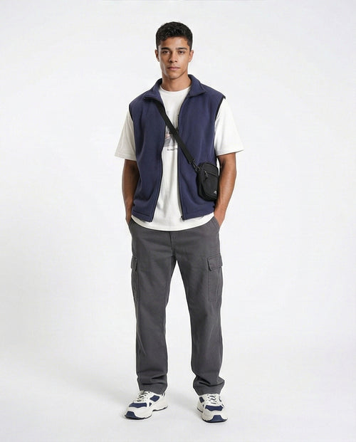 R213304 - Sleeveless Solid Vest with Pockets - Navy Blue