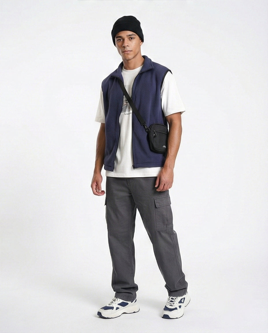 R213304 - Sleeveless Solid Vest with Pockets - Navy Blue