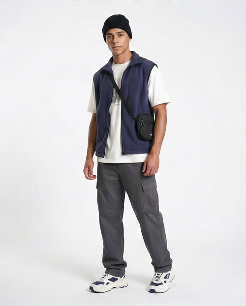 R213304 - Sleeveless Solid Vest with Pockets - Navy Blue