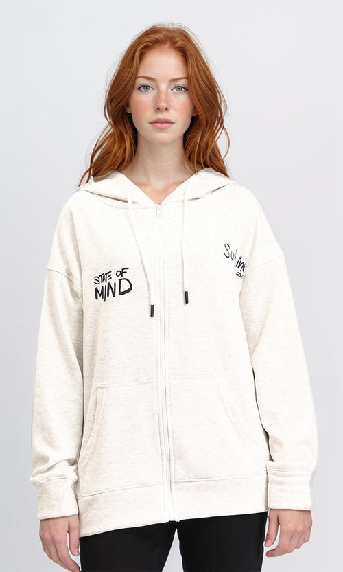 R213307 - Front & Back Print Zipped Hoodie - Heather Off-White
