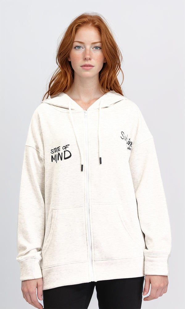 R213307 - Front & Back Print Zipped Hoodie - Heather Off-White